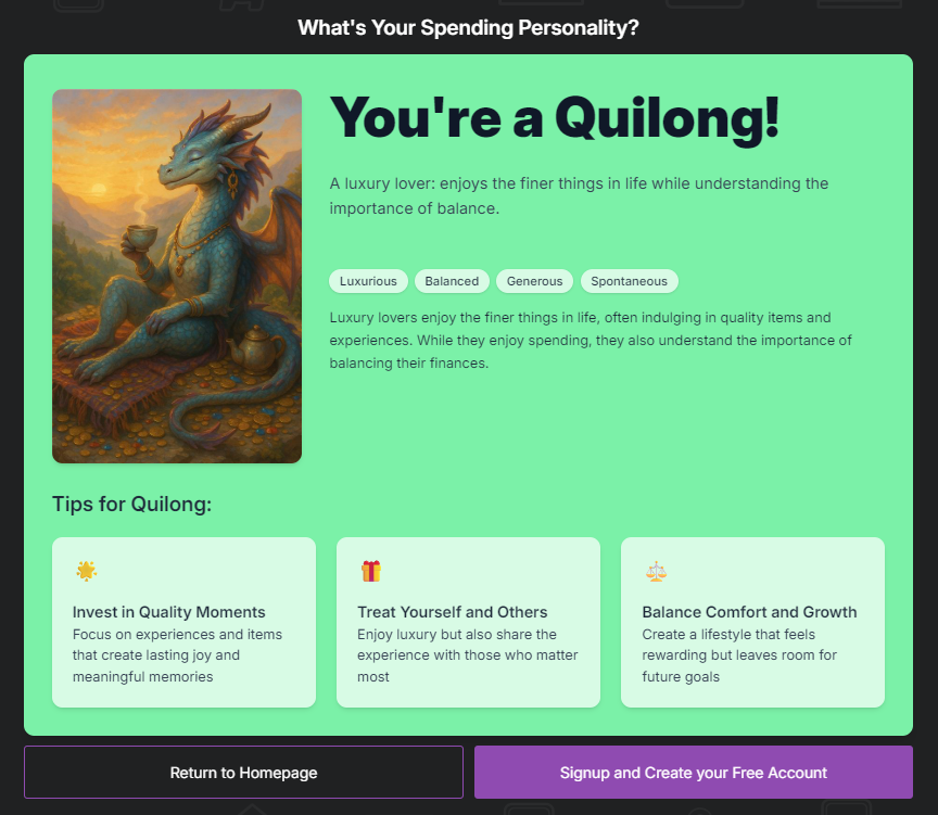 Survey completion screen showing Quilong mascot result